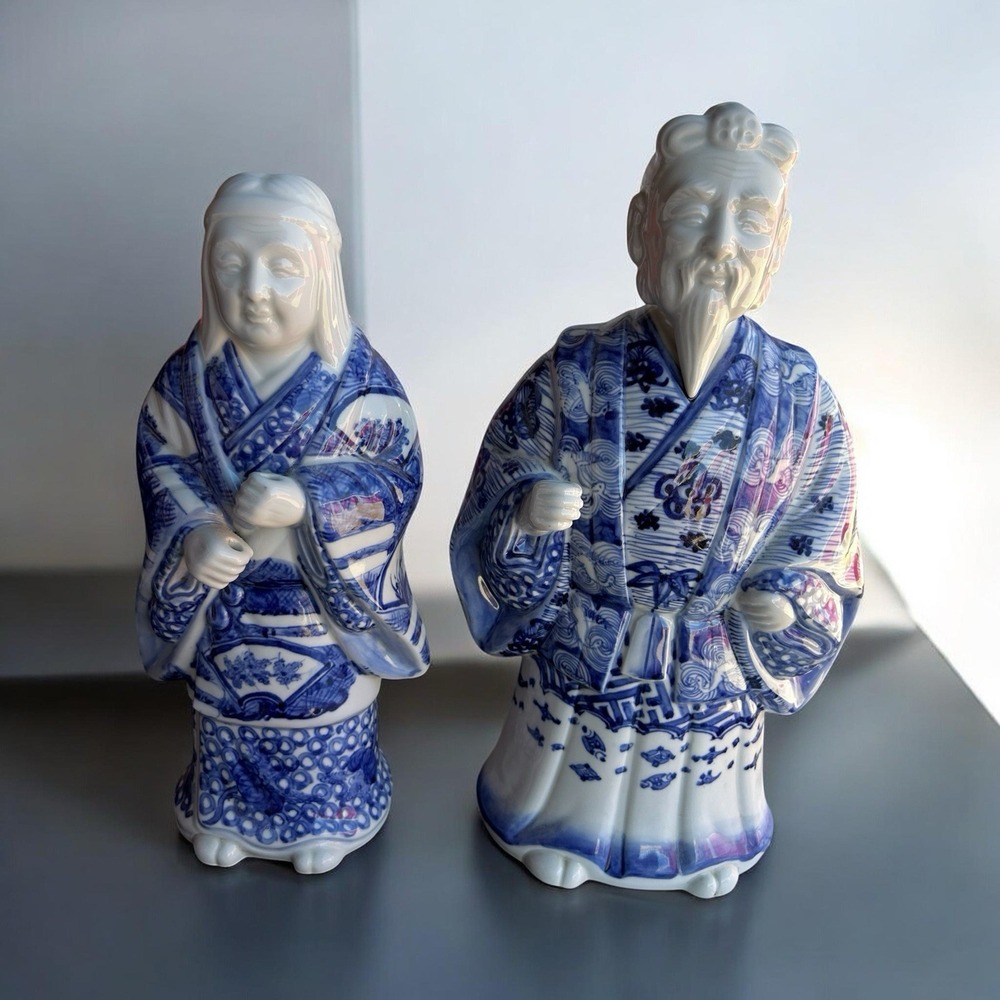 Jo & Uba Takasago Kutani Blue White Porcelain Figurines Pair Japan Style